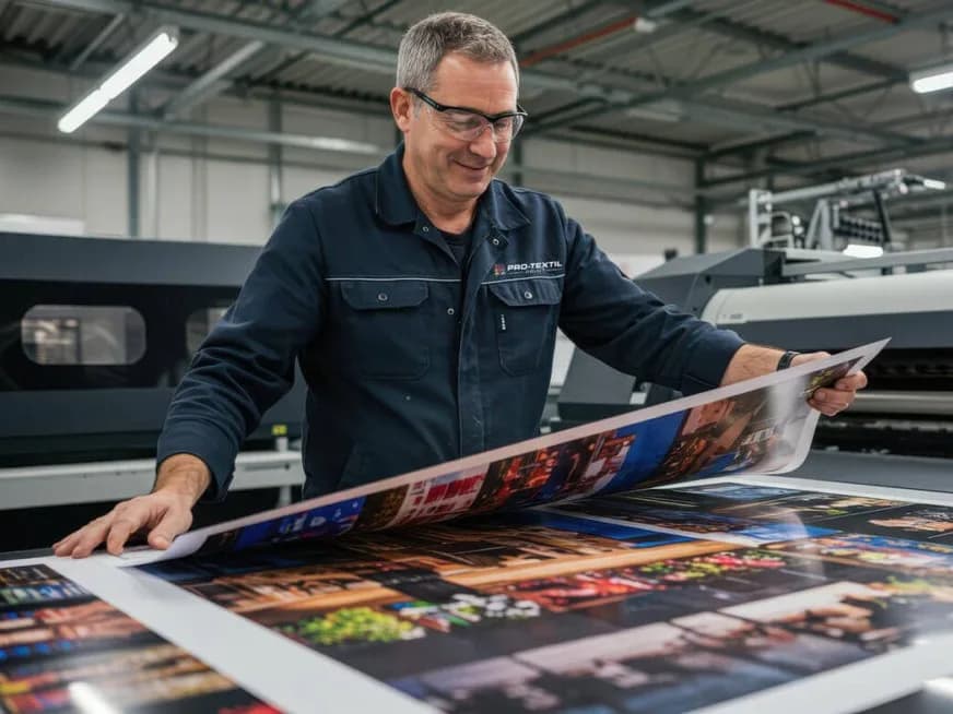 Radnik PRO-TEXTIL-a proverava odštampan tekstil pored sublimacionog štampača